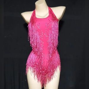 Pink Fringe Halter Bodysuit leotard aerial festivals rave